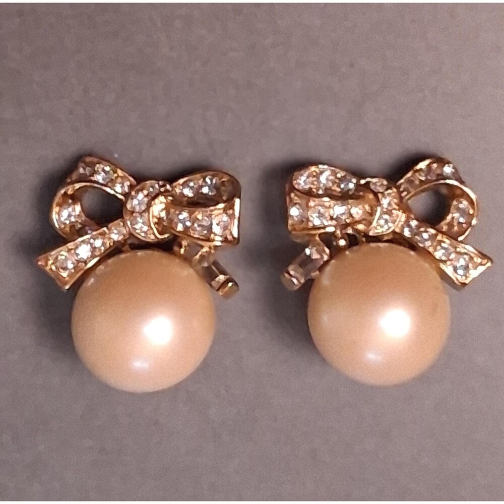 Vintage Nina Ricci Bow Earrings Pearl & Rhinestone